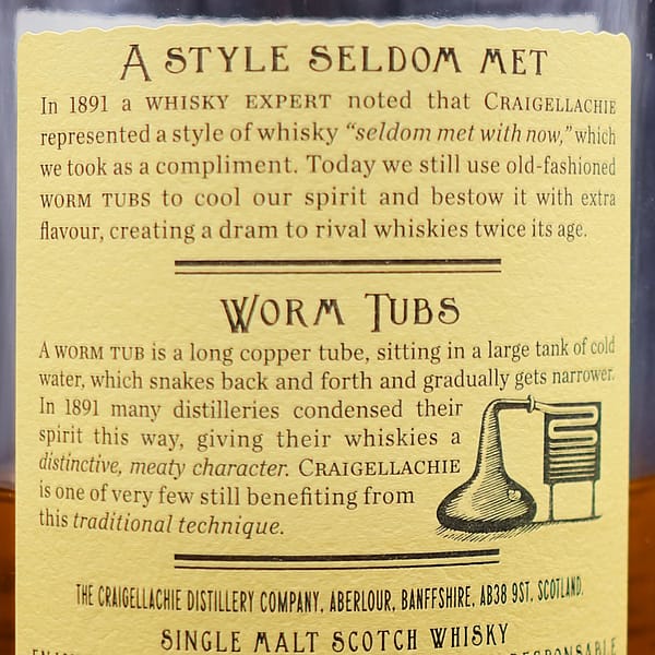Detail of the back label of the Creigellachie 13 explaining the worm tubs and their function