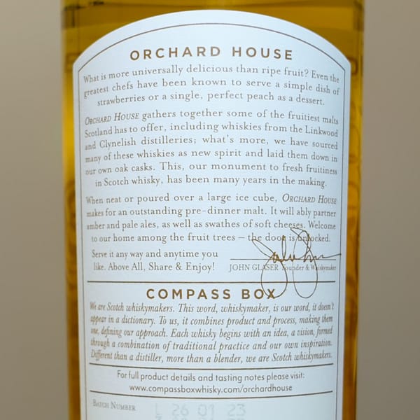 Compass Box Orchard House back label