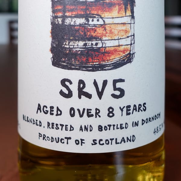 Thompson Bro.s SRV5 Blended Malt Scotch label detail showing the "aged over 8 years" statement