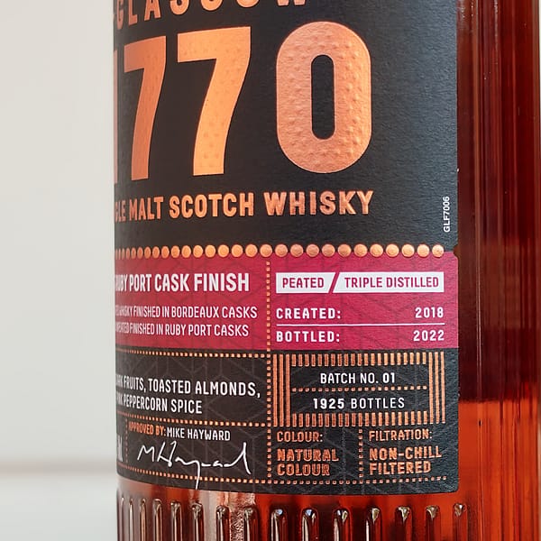 Glasgow 1770 Small Batch Series Red Wine and Ruby Port cask finish Batch 1 label detail showing bottling year (2022) and bottles produced (1925)