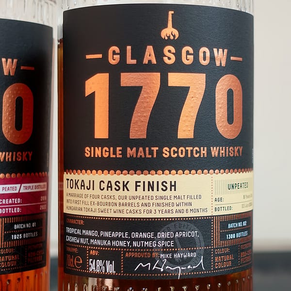 Glasgow 1770 Small Batch Series Tokaji cask finish batch 2 label detail describing the cask ageing regime, initially in first fill bourbon then 3 years and six months in Tokaji casks.