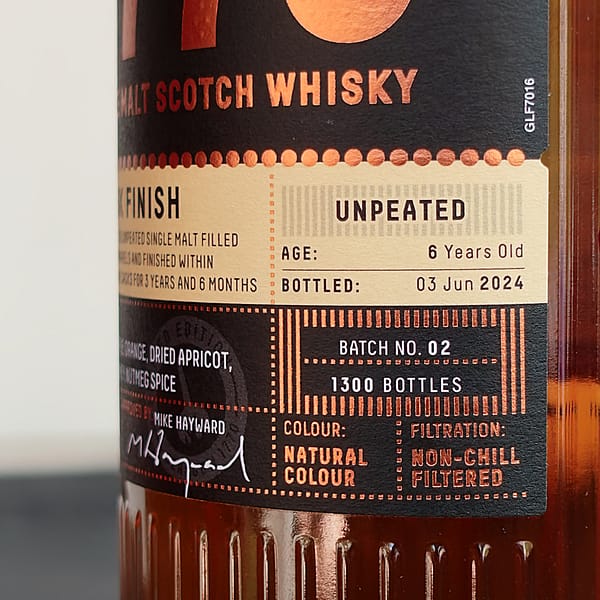 Glasgow 1770 Small Batch Series Tokaji cask finish batch 2 label detail, showing the age (6 years old), bottling date and number of bottles produced (1300)