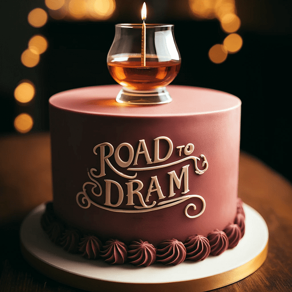 Road to Dram first birthday cake: a chocolate birthday cake with a single candle shaped as a whisky glass- AI generated