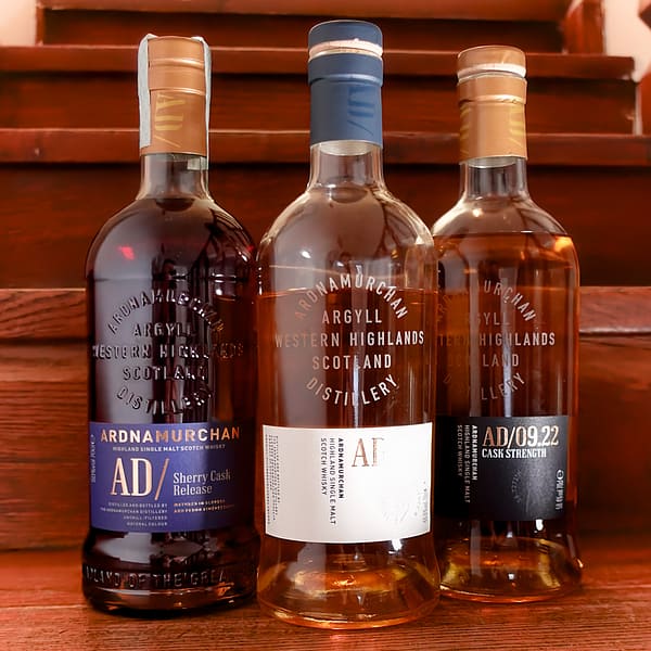 Picture of three whisky bottles, side by side - from left to right: Ardnamurchan AD Sherry Cask Release, Ardnamurchan AD and Ardnamurchan AD Cask Strength bottles