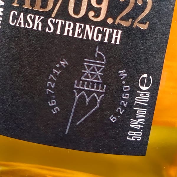 Detail of the Ardnamurchan AD/Cask Strength label, showing the distillery geographical coordinates