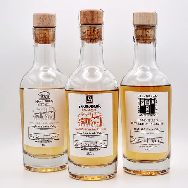 Springbank Distillery Hand filled exclusive 0.2 L bottles - from L to R: Hazelburn, Springbank, Kilkerran