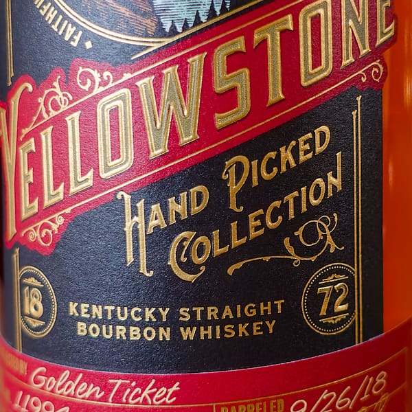 Yellowstone Hand Picked Single Barrel label detail, showing the 1872 founding date and the Hand Picked Collection call out
