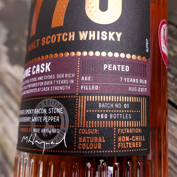 Glasgow 1770 Small Batch Peated Marsala Cask label details showing the filling date, Aug 2017, age 7 yeas old and no. of bottles produced, 860