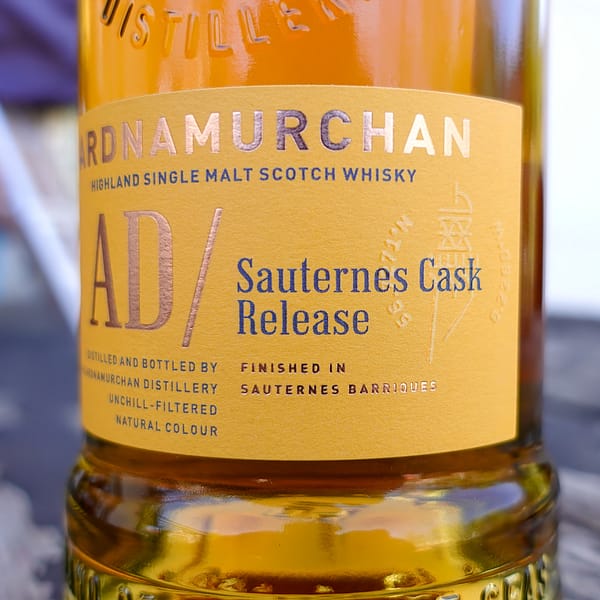 Ardnamurchan Sauternes front label detail showing the text "Finished in Sauternes Barriques"
