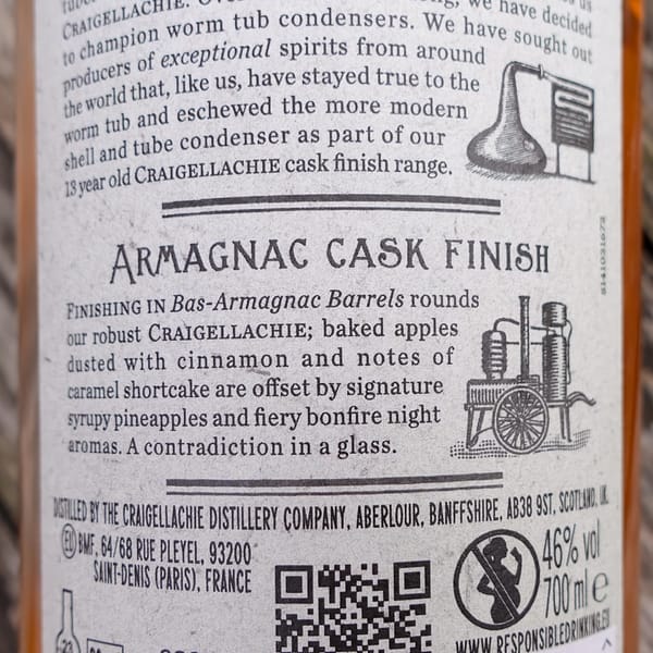Craigellachie 13-Year-Old Bas Armagnac back label describing the tasting notes of the whisky