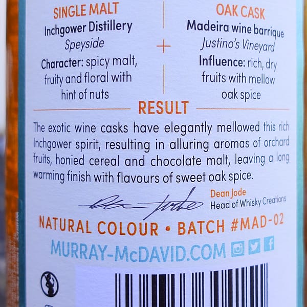 Murray McDavid Cask Craft Inchgower Madeira Finish back label detail, describing the result as fruity, honeyed, sweetly spiced and with some chocolate malt notes