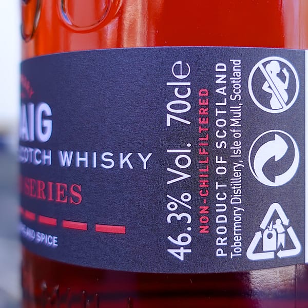 Ledaig Sinclair Series Rioja Cask label detail showing the 46.3% abv and non-chill filtered information