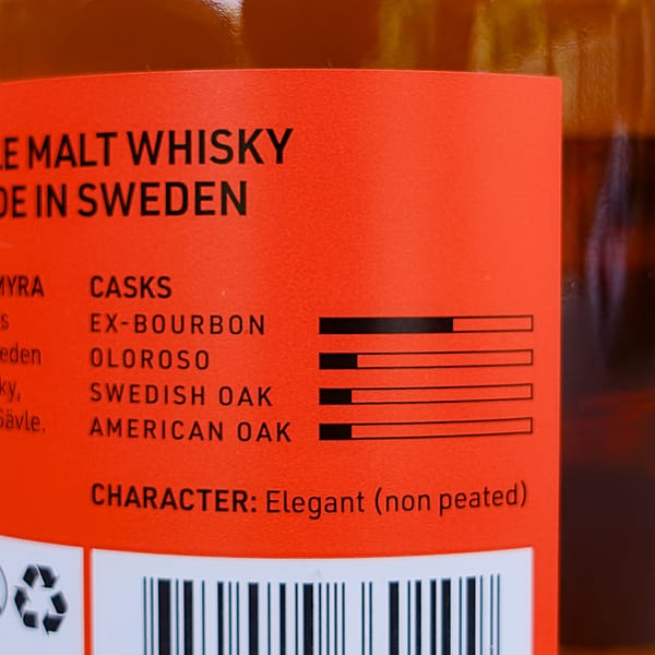 Mackmyra Svensk Ek label detail showing the relative cask makeup split between ex bourbon, ex oloroso, swedisk vergin oak and american virgin oak