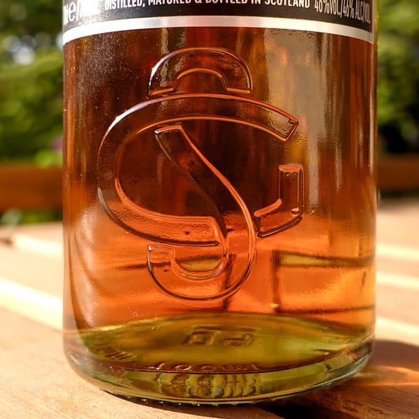 Glen Scotia 15 year old bottle detail showing the glass embossed with the G &S sigil