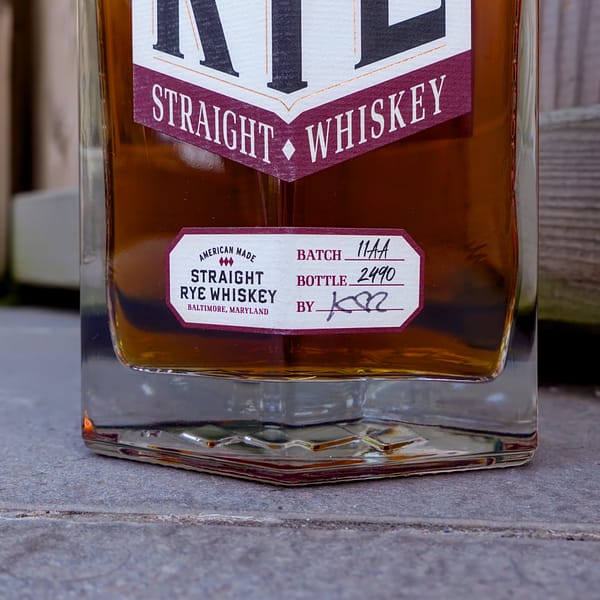 Sagamore Spirit Straight Rye Whiskey Bottle Cap label detail showing the batch and bottle numbers