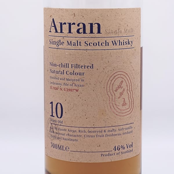 Picture of an Arran 10 year old bottle label stating it is a non chill-filtered and natural colour whisky