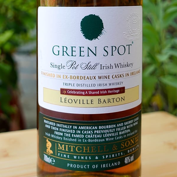 Green Spot Chateau Leoville Barton front label detail, showing the "Celebrating a shared Irish heritage" motto
