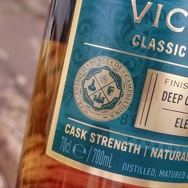 Glen Scotia Victoriana label detail showing the Campbeltown cross seal
