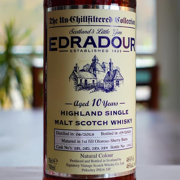 Signatory Vintage Edradour 2013 10 yo label detail, showing the cask numbers (281-284) and the type (1st fill oloroso)