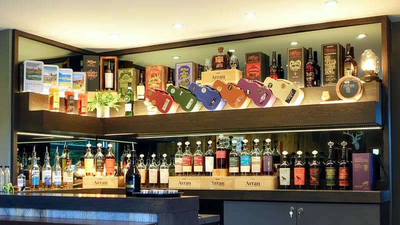 Lochranza distillery's dramming room bar, holding all the special editions available at the distillery in August 2024