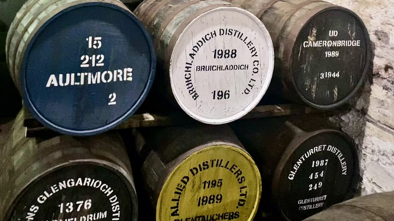 Casks from different Scottish distilleries in Independent Bottler Cadenhead's warehouse