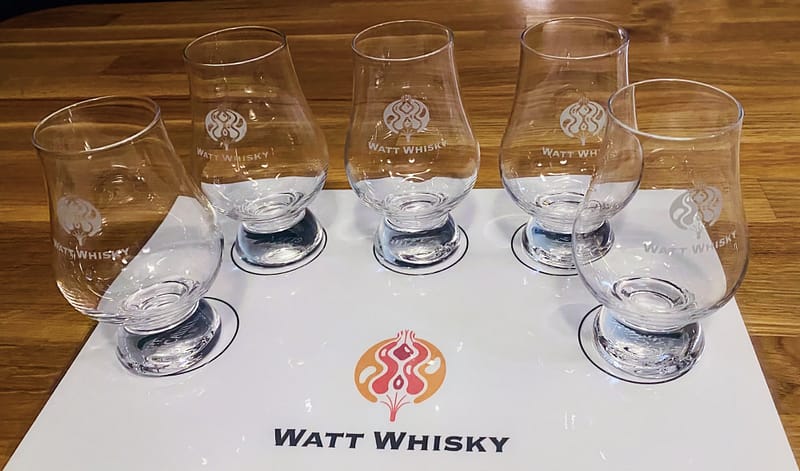 Watt Whisky tasting placemat set up with Glencairn glasses