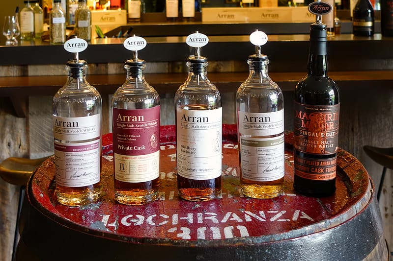 The Lochranza select tasting bottle selection, August 10th 2024, left to right: Arran Signature series 1 Remnant Renegade, Arran 11 YO Private cask ex-Oloroso sherry, Arran distillery hand fill cask 20-VA-0912, Arran signature series 2 Barrel Bonfire, Machrie Moor's Fingal's Cut Sherry cask finish.