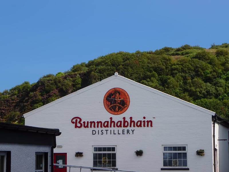 Bunnahabhain distillery logo on one of the distillery's office buildings