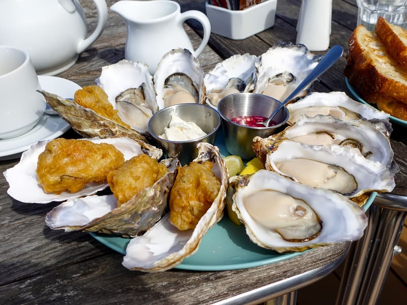 A selection of oysters from the Islay Oyster shed: fried, natural and with mignonette sauce