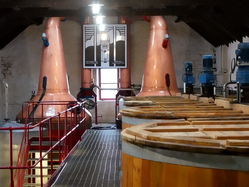 Interior of Glengyle distillery showing washbacks and the two stills, orginally used at Ben Wyvis distillery.