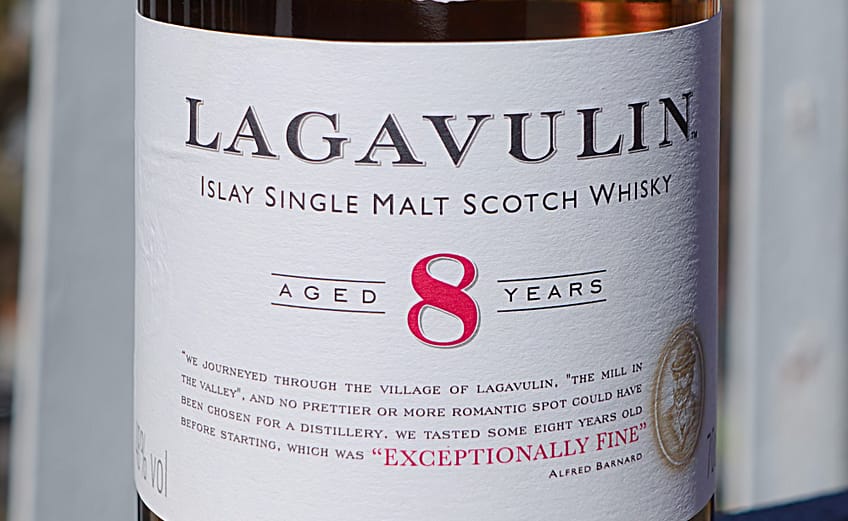 Detail of the Lagavulin 8 bottom label carrying Alfred Barnards quote from the 1880's declaring the 8-year-old as "exceptionally fine"