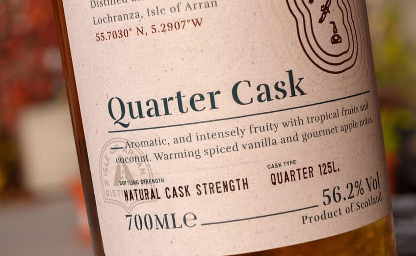 Arran Quarter Cask "The Bothy" label whisky detail highlighting the natural cask bottling strength in quarter cask barrels