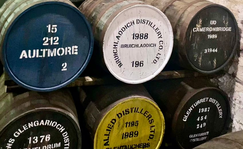 Casks from different Scottish distilleries in Independent Bottler Cadenhead's warehouse