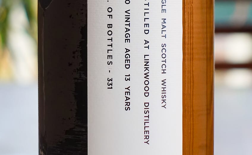 Front label detail of the Thompson Bros. 2010 Linkwood 13-year-old bottle showing age and number of bottles produced (331)