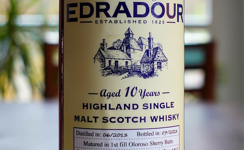 Signatory Vintage Edradour 2013 10 yo label detail, showing the cask numbers (281-284) and the type (1st fill oloroso)