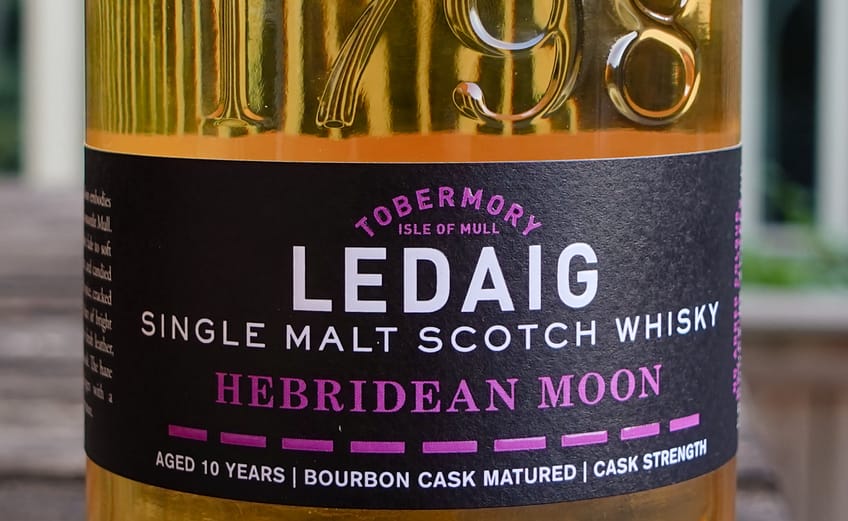 Ledaig Hebridean Moon label showing the 10 year old and cask strength statements