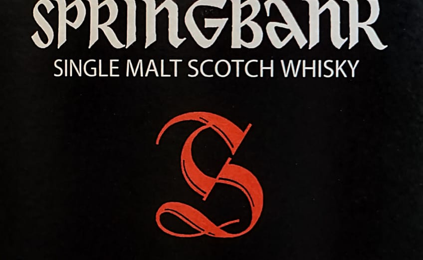 Springbank 10 cap back label detail showing the iconic gothic capital S