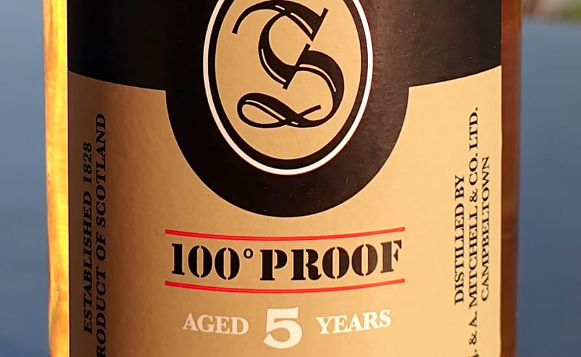 Springbank 100 proof 5 year old front label showing ABV, age and distillery logo