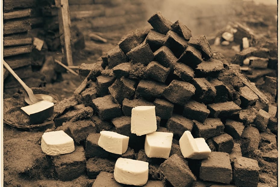 AI-generated vintage image of a stack of peat and cheese blocks