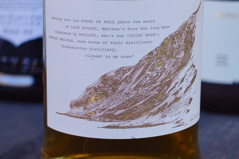 Adelphi's Maclean's Nose label detail, showing the artwork of the namesake landmark