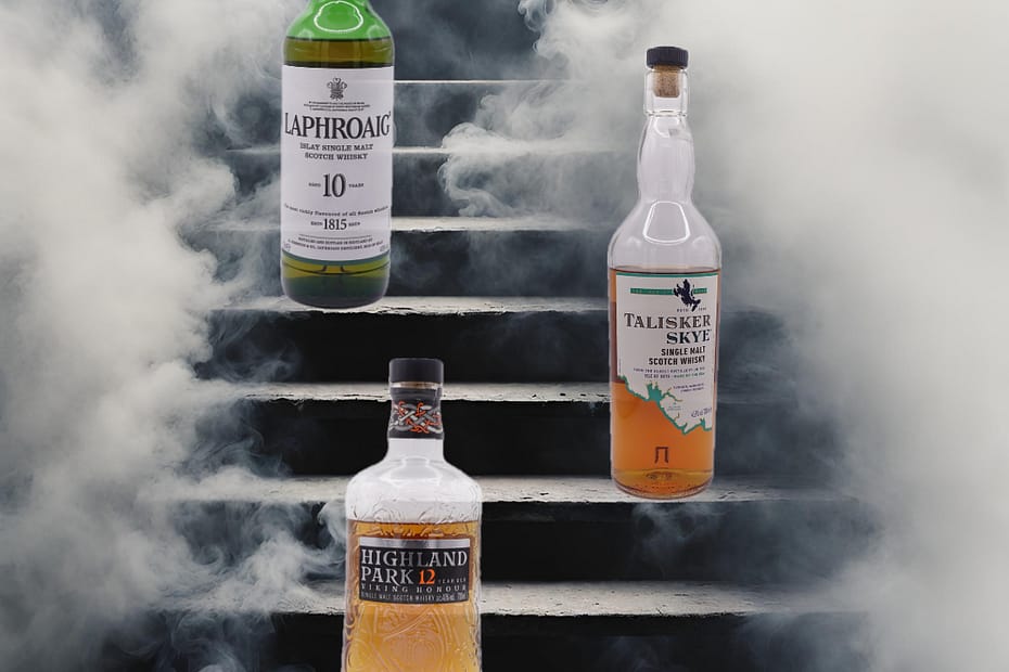 AI generated image of Highland park 12, Talisker Skye and Laphroaig 10 placed on a smoke filled staircase