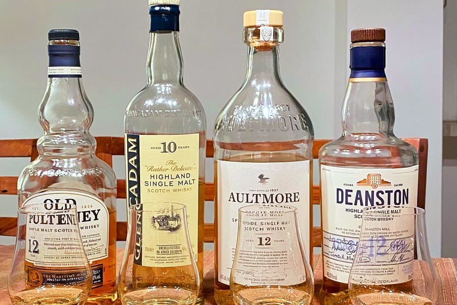 4 bottles of single malt whisky aged exclusively in ex-bourbon casks: Old Pulteney 12, Glencadam 10, Aultmore 12 and Deanston 12.