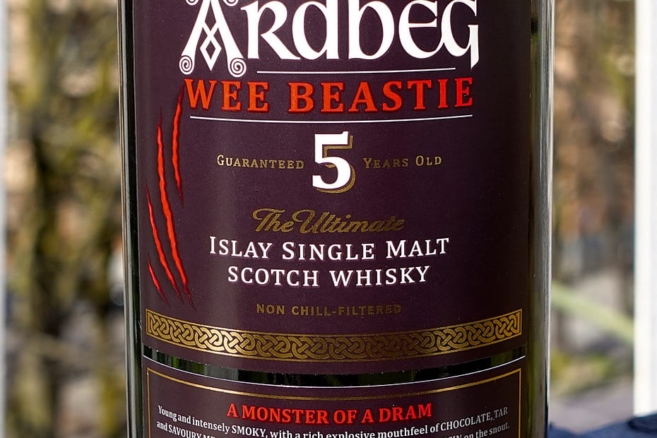 Ardbeg Wee Beastie 5 year old label detail, with the motto "a monster of a dram"