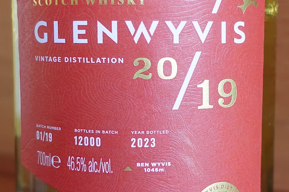 Glenwyvis 2019 label indicating the 2023 bottling date