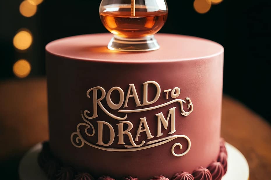 Road to Dram first birthday cake: a chocolate birthday cake with a single candle shaped as a whisky glass- AI generated