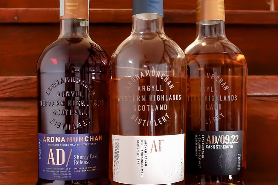 Picture of three whisky bottles, side by side - from left to right: Ardnamurchan AD Sherry Cask Release, Ardnamurchan AD and Ardnamurchan AD Cask Strength bottles