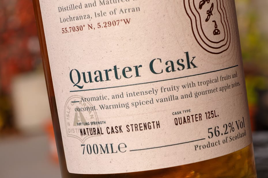 Arran Quarter Cask "The Bothy" label whisky detail highlighting the natural cask bottling strength in quarter cask barrels