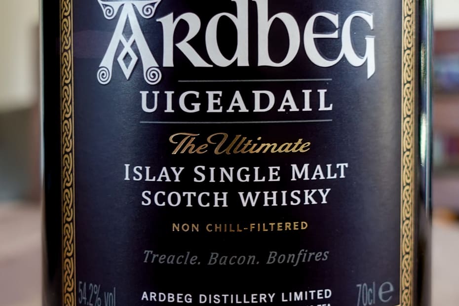 Ardbeg Uigeadail label showing the 54.2% abv alcohol content and the non-chill filtered indication