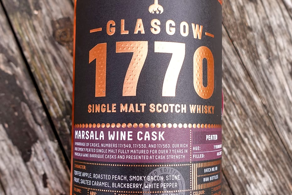 Glasgow 1770 Small Batch Peated Marsala Cask label