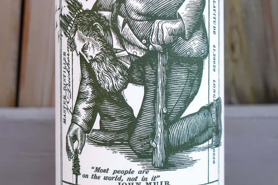 Redwood Empire Emerald Giant label, showing an artistic lithography depicting John Muir